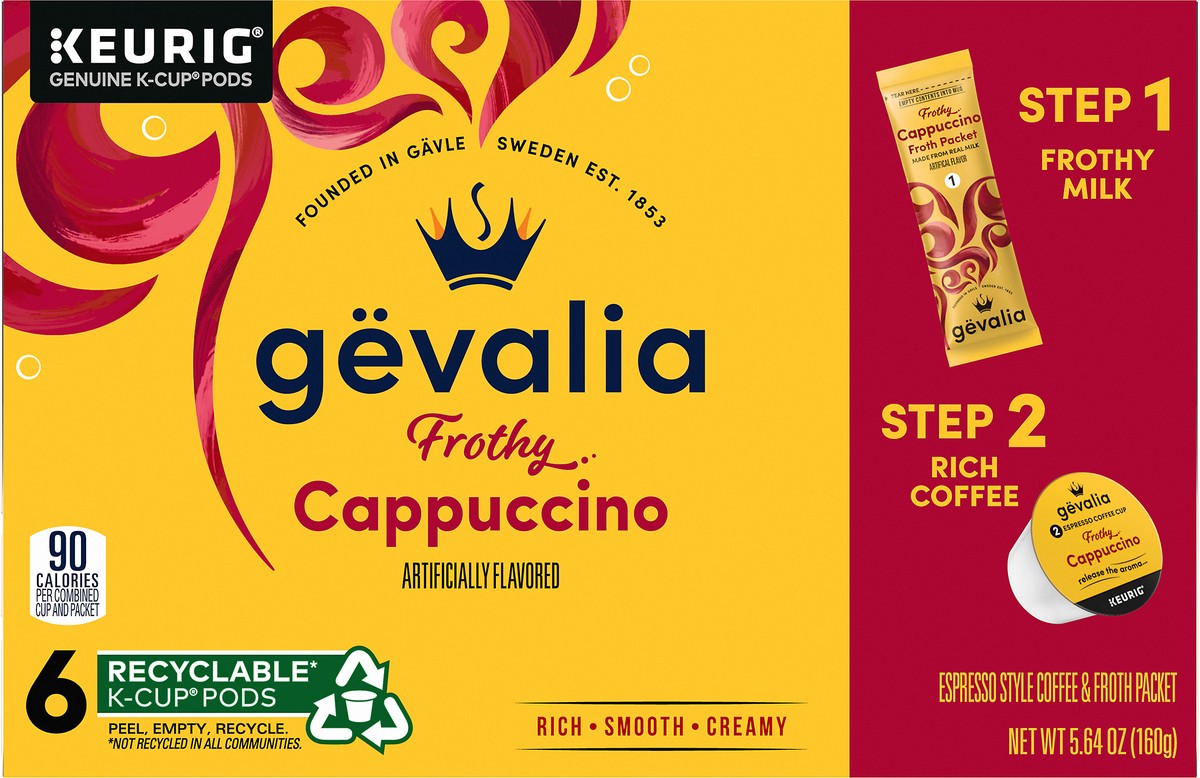 slide 8 of 9, Gevalia Frothy 2-Step Artificially Flavored Cappuccino Espresso Style K‐Cup Coffee Pods & Froth Packets Kit, 6 ct. Box, 6 ct