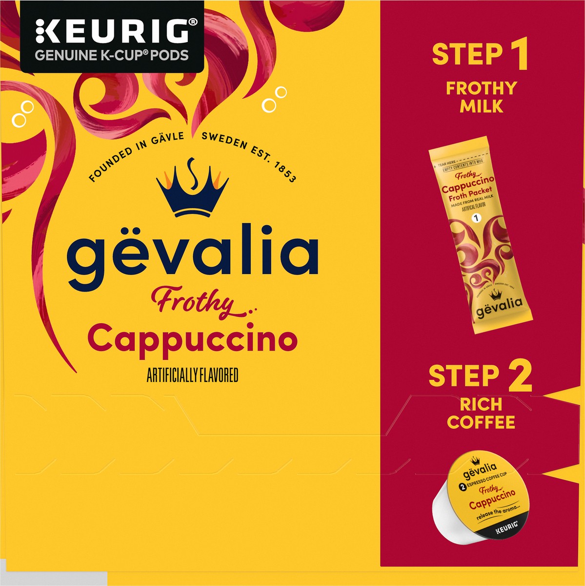 slide 2 of 9, Gevalia Frothy 2-Step Artificially Flavored Cappuccino Espresso Style K‐Cup Coffee Pods & Froth Packets Kit, 6 ct. Box, 6 ct