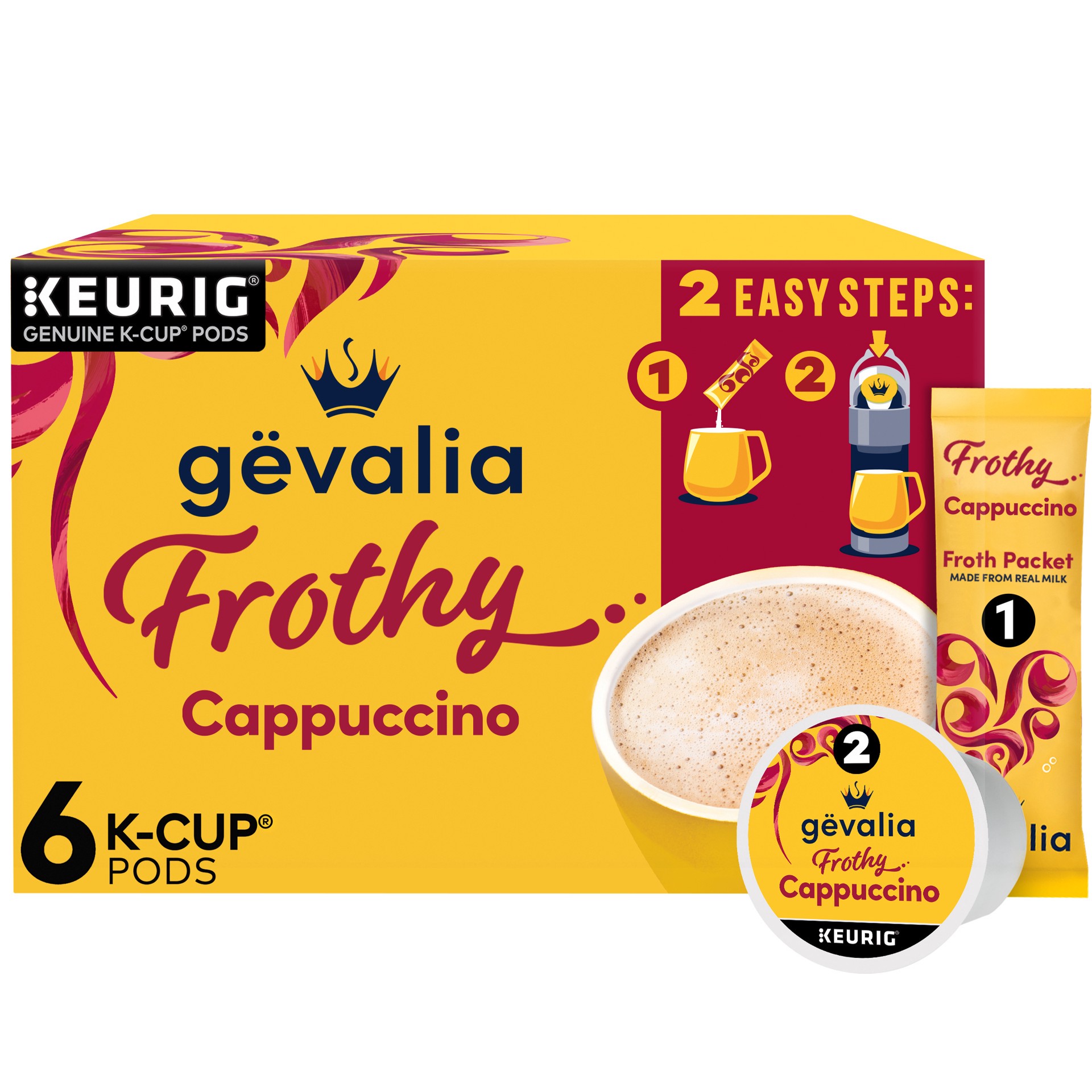 slide 1 of 9, Gevalia Frothy 2-Step Artificially Flavored Cappuccino Espresso Style K‐Cup Coffee Pods & Froth Packets Kit, 6 ct. Box, 6 ct