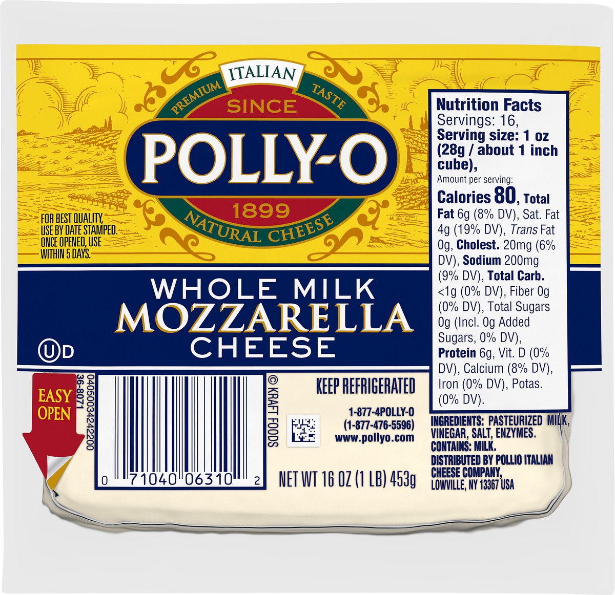 slide 1 of 1, Polly-O Whole Milk Mozzarella Cheese 16 oz. Pack, 16 oz