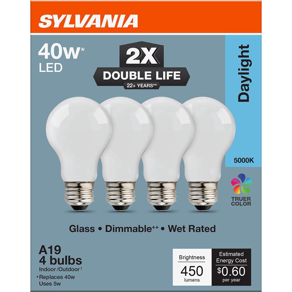 slide 1 of 1, SYLVANIA A19 40 Watt LED Daylight Double Life Bulb, 4 ct