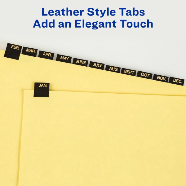 slide 4 of 7, Avery Gold Reinforced Leather Tab Dividers, 12-Tab, Jan-Dec, Letter, Black, 12/Set, 1 ct