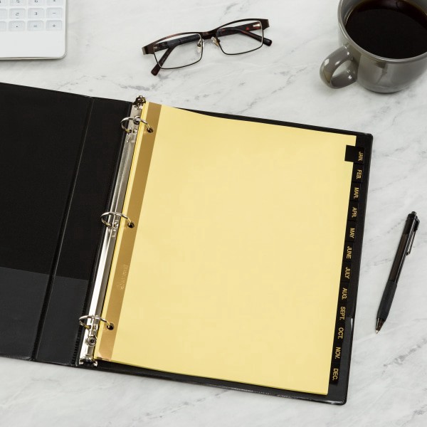 slide 7 of 7, Avery Gold Reinforced Leather Tab Dividers, 12-Tab, Jan-Dec, Letter, Black, 12/Set, 1 ct