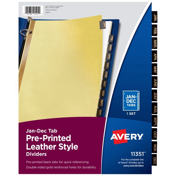 slide 1 of 7, Avery Gold Reinforced Leather Tab Dividers, 12-Tab, Jan-Dec, Letter, Black, 12/Set, 1 ct