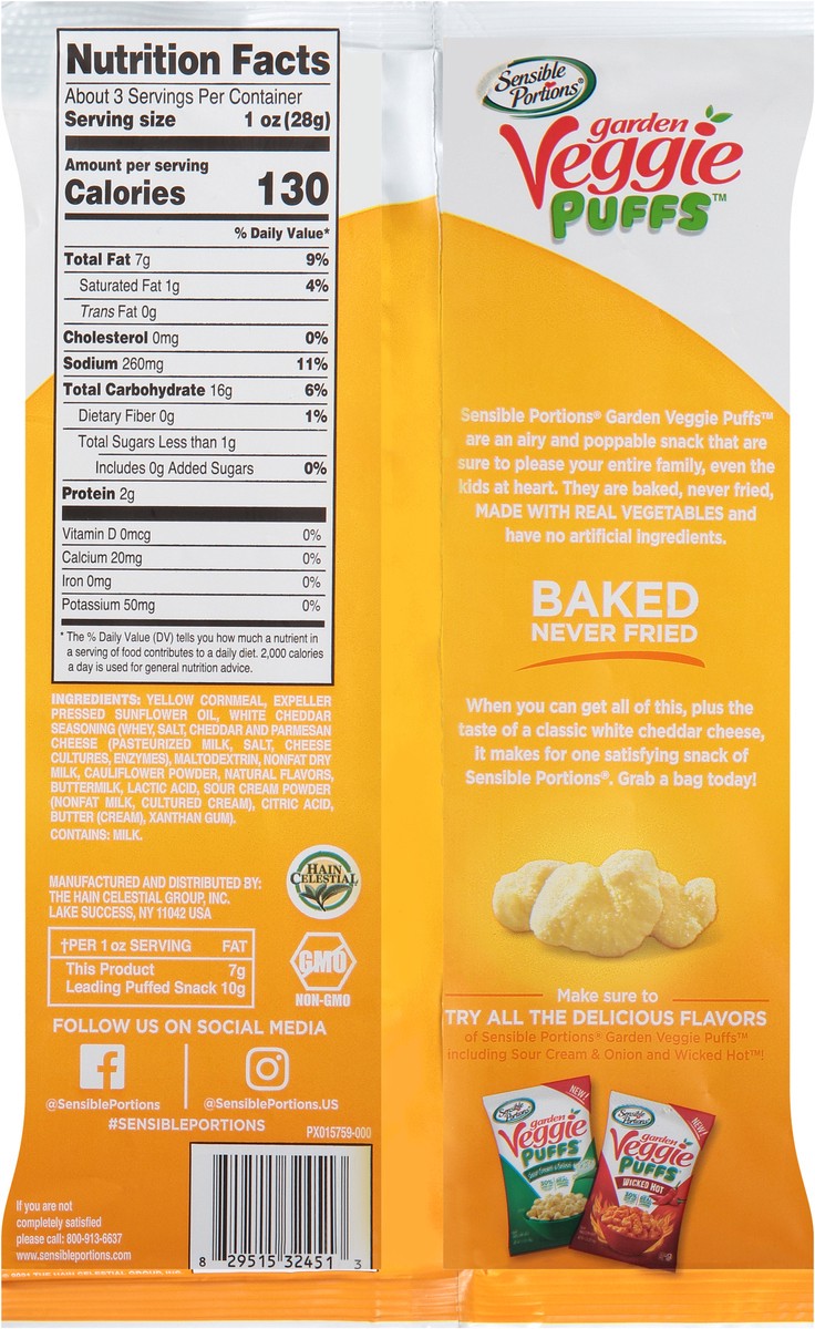 slide 7 of 7, Sensible Portions Garden Veggie White Cheddar Flavored Baked Corn Puffs 3 oz. Bag, 3 oz