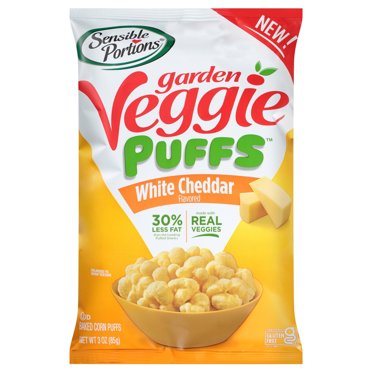 slide 1 of 7, Sensible Portions Garden Veggie White Cheddar Flavored Baked Corn Puffs 3 oz. Bag, 3 oz