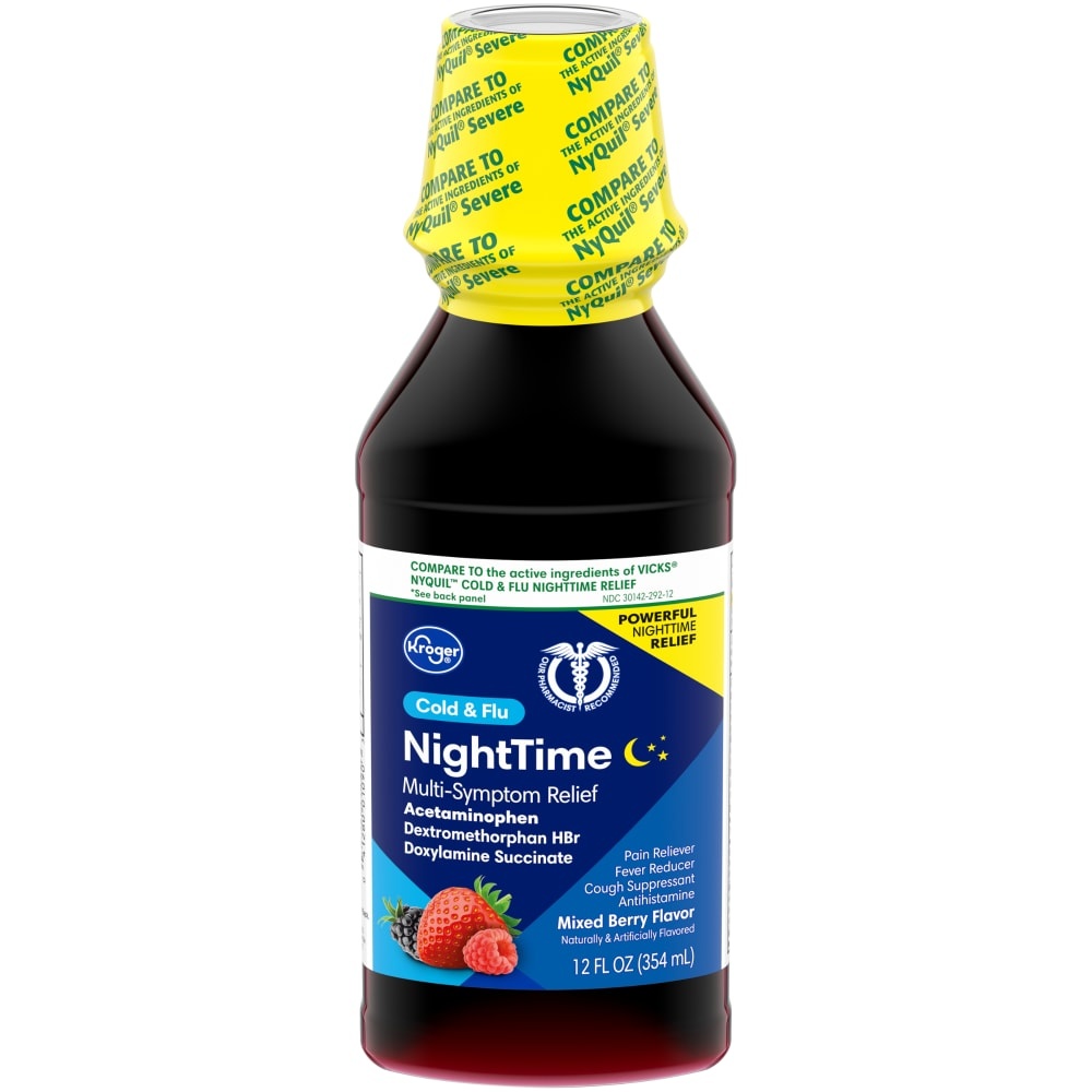 slide 1 of 1, Kroger Mixed Berry Nighttime Cold & Flu Multi-Symptom Relief Liquid, 12 fl oz