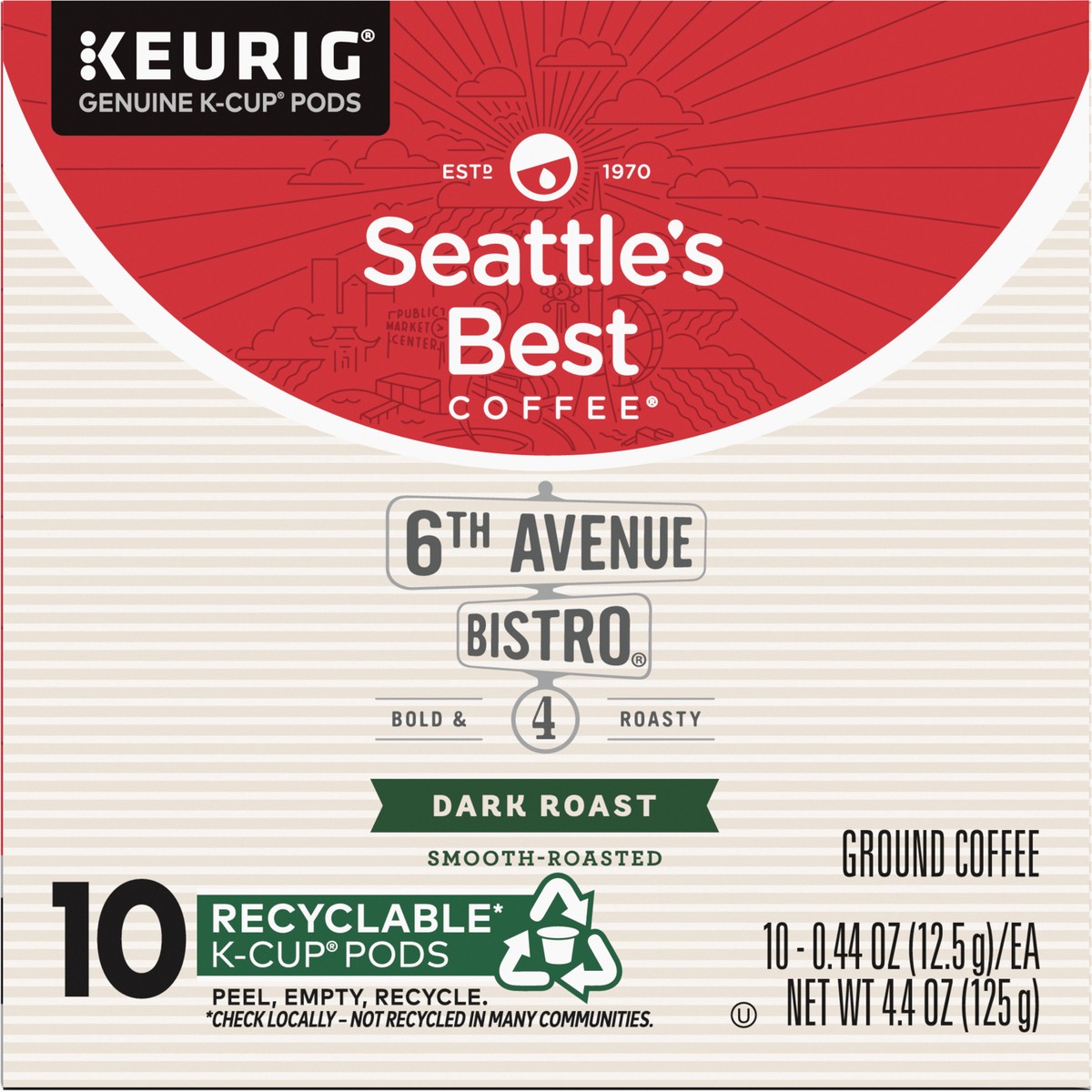 slide 2 of 9, Seattle's Best Coffee 6th Avenue Bistro Dark Roast K-Cup Pods | 1 box of 10 Pods, 10 ct