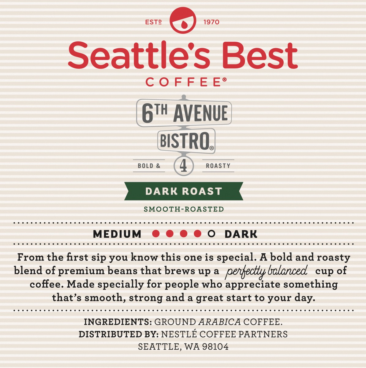 slide 7 of 9, Seattle's Best Coffee 6th Avenue Bistro Dark Roast K-Cup Pods | 1 box of 10 Pods, 10 ct