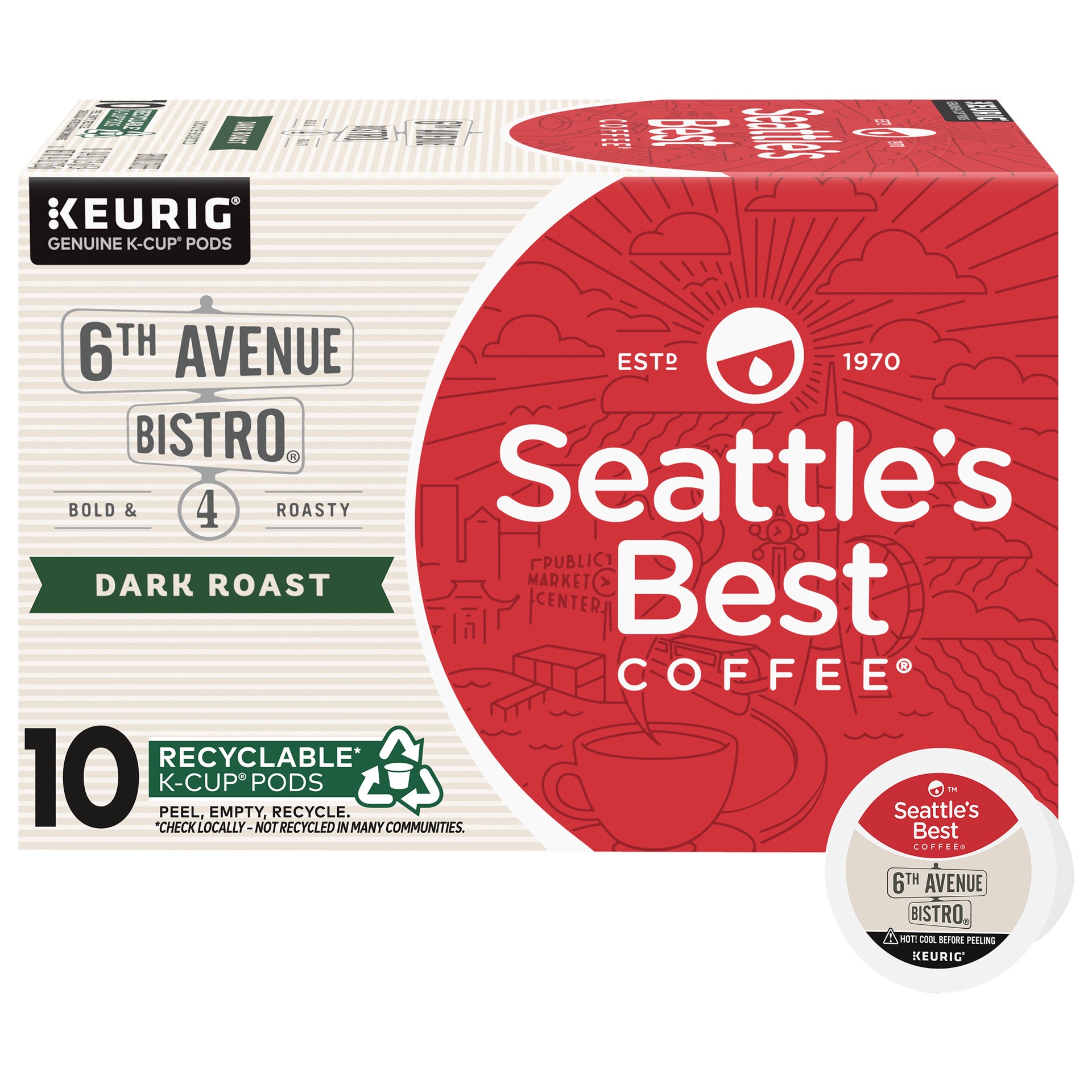 slide 1 of 9, Seattle's Best Coffee 6th Avenue Bistro Dark Roast K-Cup Pods | 1 box of 10 Pods, 10 ct