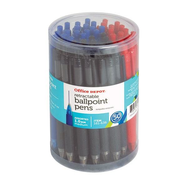 slide 1 of 1, Office Depot Retractable Ballpoint Pens with Grips, Medium Point, 1.0 mm, Black/Blue/Red Barrels, Black/Blue/Red Inks, 50 ct