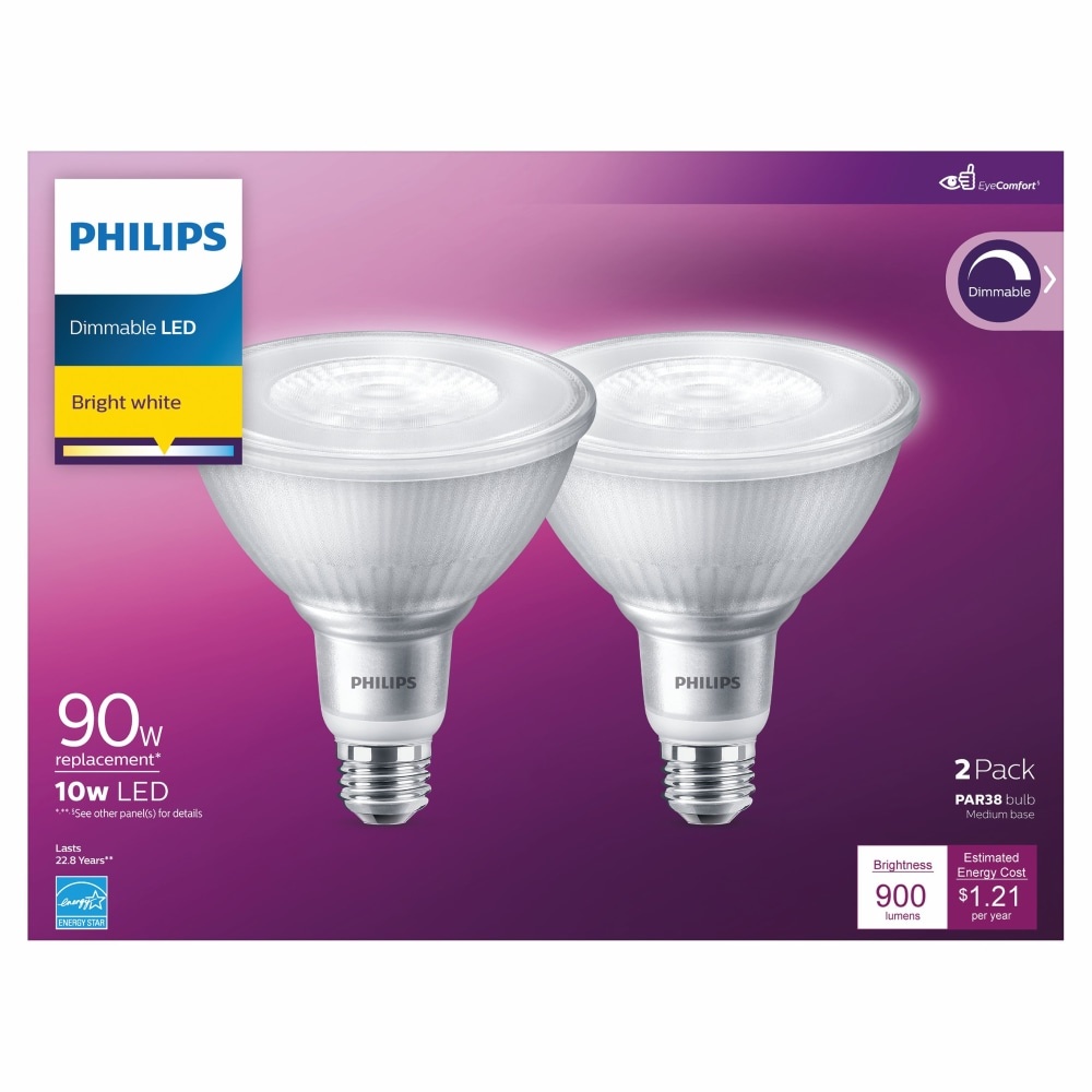 slide 1 of 1, Philips 10-Watt (90-Watt) Medium Base Par38 Dimmable Led Light Bulbs, 2 ct