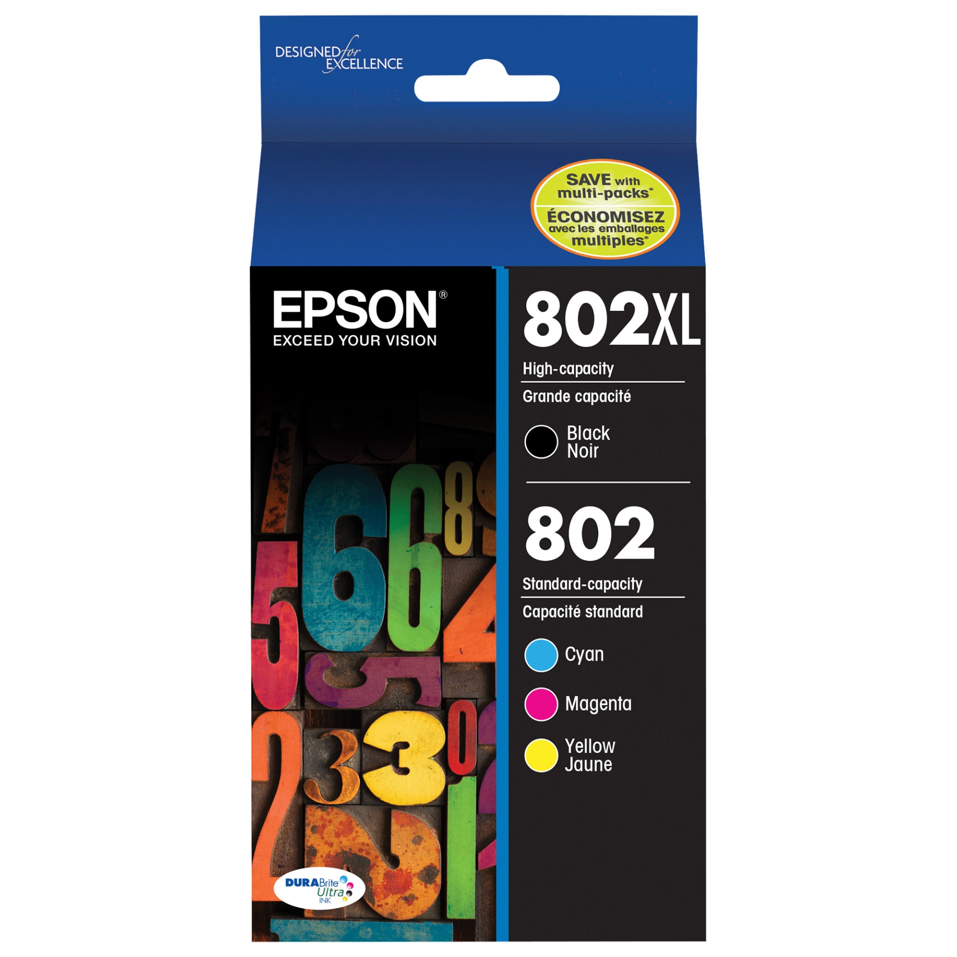 slide 1 of 1, Epson T802XL Black and T802 Color Inc Cartridges, 