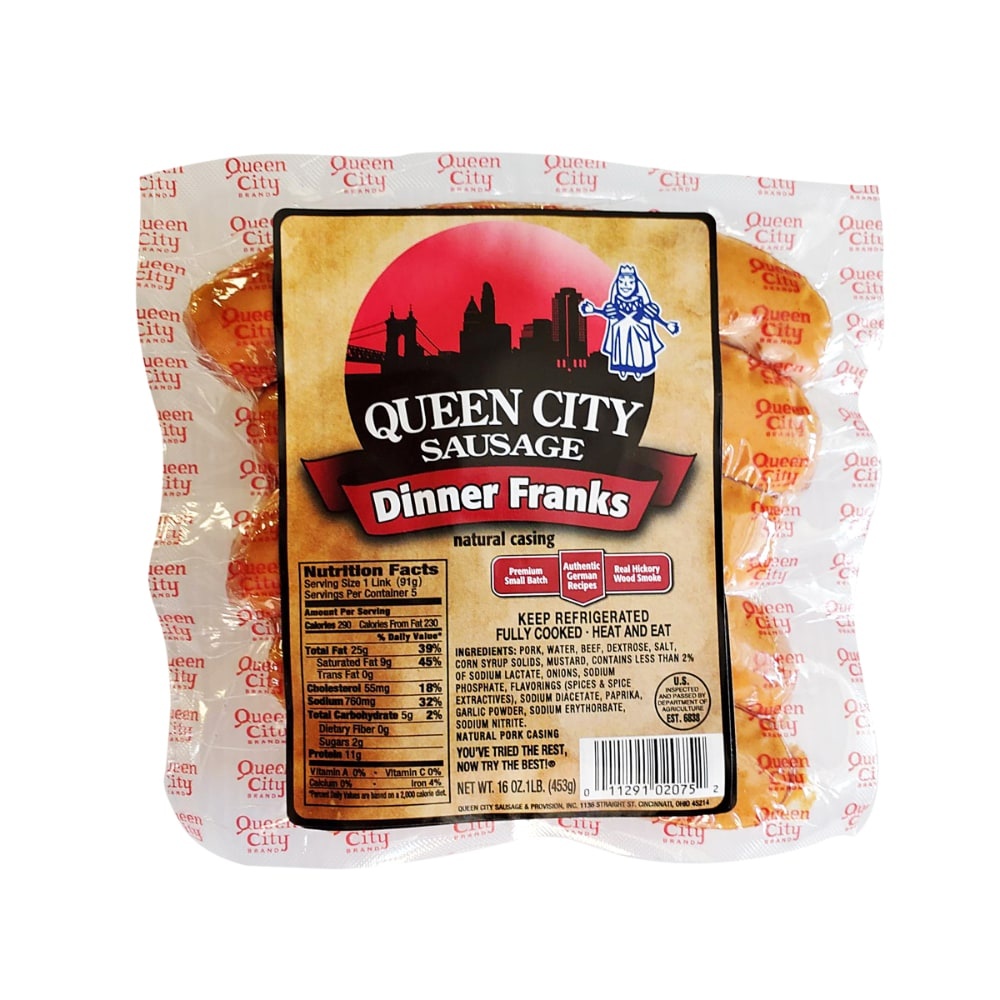 slide 1 of 1, Queen City Sausage Dinner Franks, 16 oz
