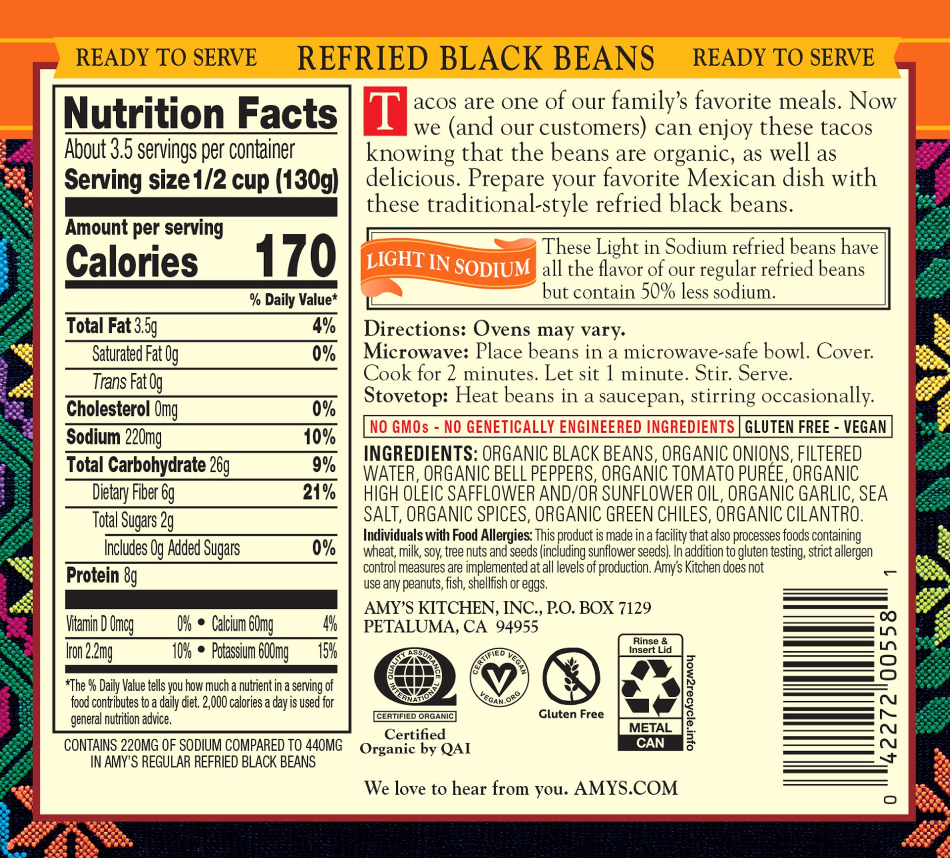 slide 6 of 7, Amy's Organic Light Sodium Vegetarian Black Refried Beans, 15.4 oz