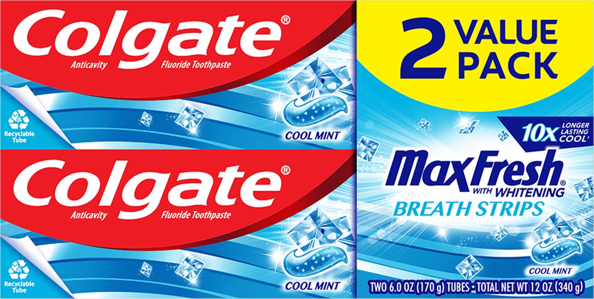 slide 2 of 9, Colgate Max Fresh Toothpaste with Mini Breath Strips, Cool Mint - 6.0 Ounce (Twin Pack), 2 ct; 6 oz