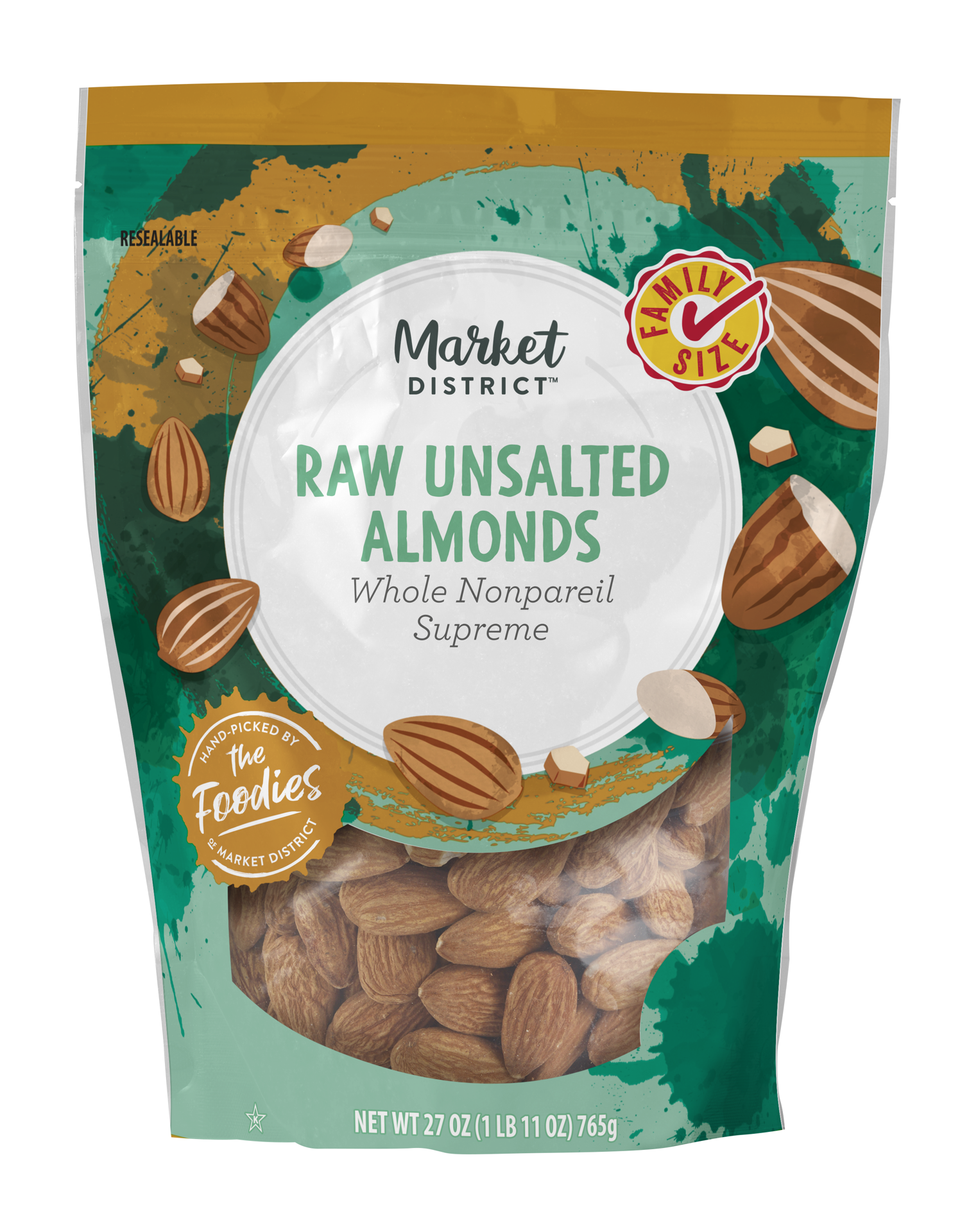 slide 1 of 1, Market District Whole Supreme Nonpareil Unsalted Raw Almonds, 27 oz