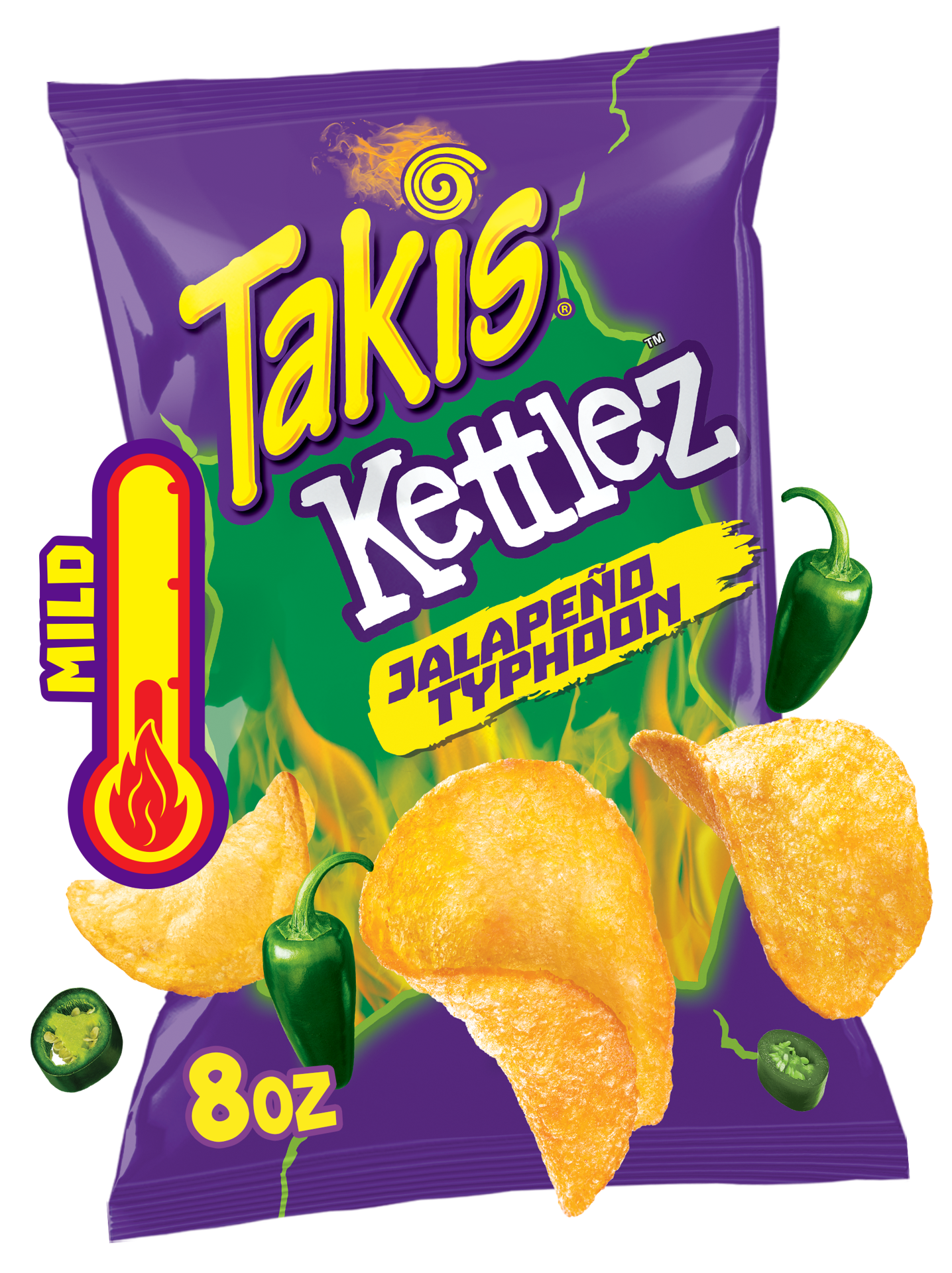 slide 1 of 7, Takis Jalapeno Typhoon Kettlez 8 oz Sharing Size Bag, Jalapeno Flavored Mild Spicy Kettle-Cooked Potato Chips, 8 oz