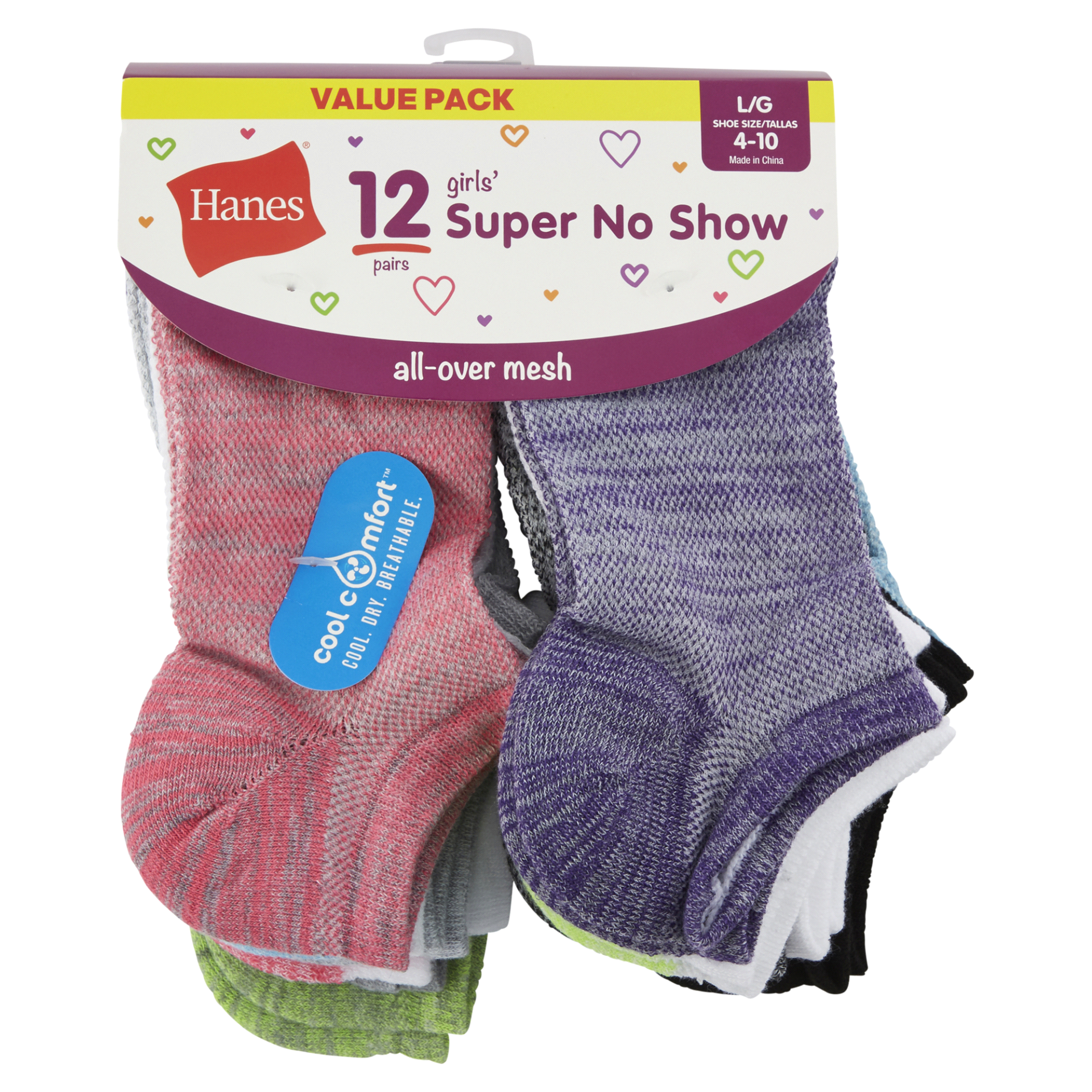 slide 1 of 1, Hanes Girls' Super No-Show Socks, Assorted Colors, Size Large, 12 ct
