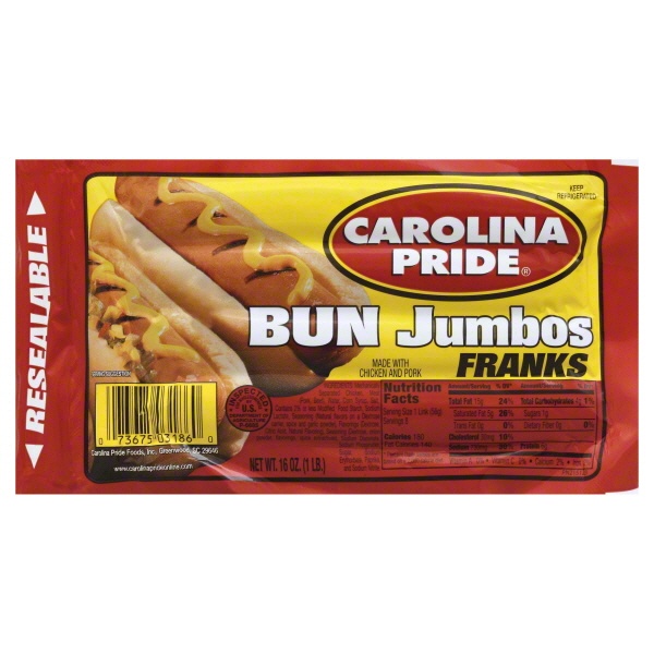 slide 1 of 1, Carolina Pride Franks Bun Jumbo Resealable, 16 oz