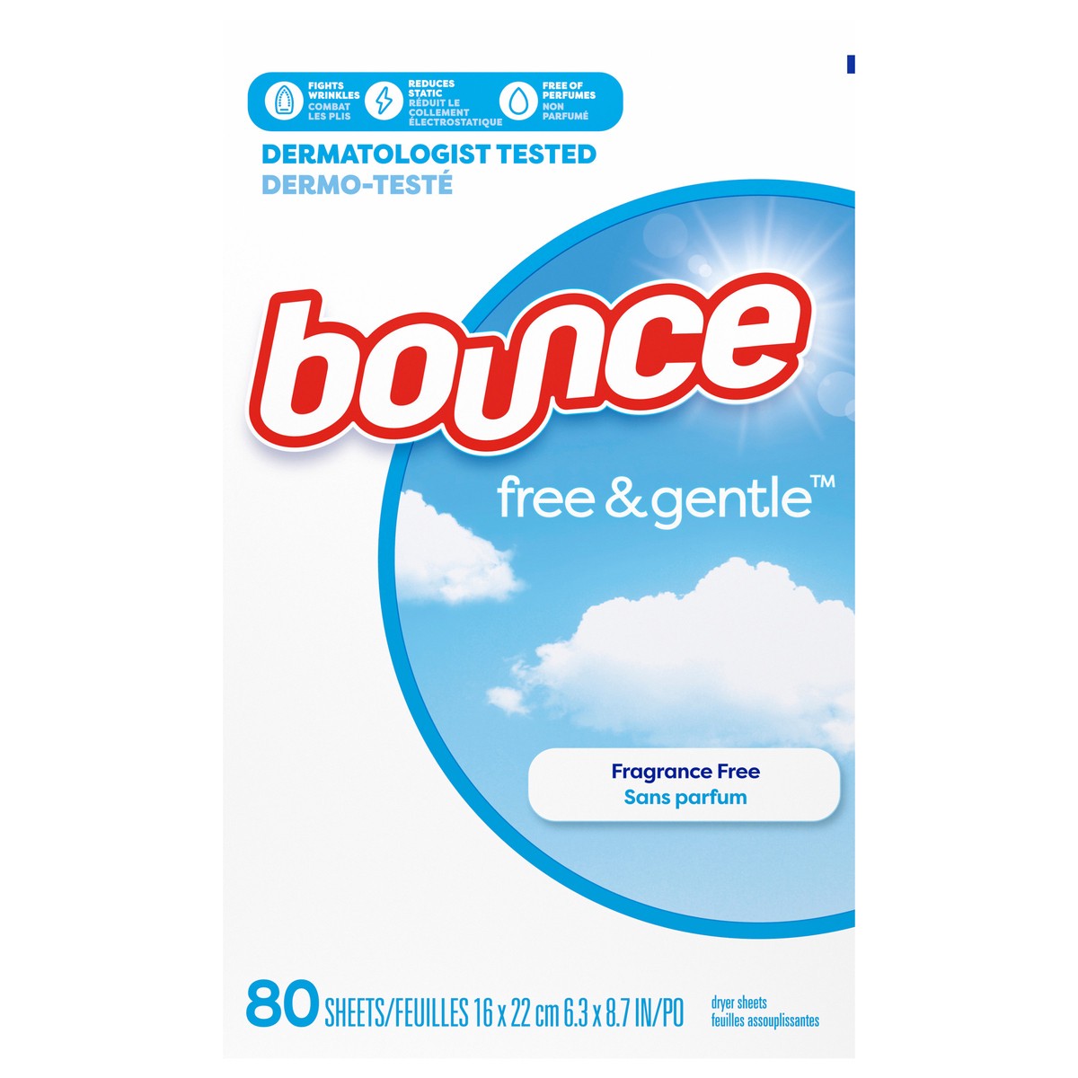 slide 1 of 9, Bounce Free & Gentle Dryer Sheets, 80 Sheets, Unscented Fabric Softener Sheets, Hypoallergenic and Dermatologist Tested, 80 ct