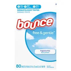 Bounce Free & Gentle Dryer Sheets, 80 Sheets, Unscented Fabric Softener Sheets, Hypoallergenic and Dermatologist Tested