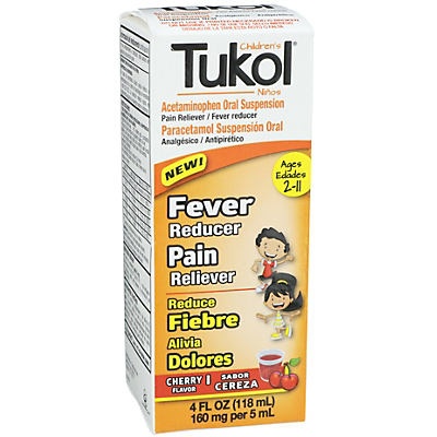 slide 1 of 1, Tukol Children's Fever & Pain Relief Cherry Flavored Liquid Syrup, 4 oz