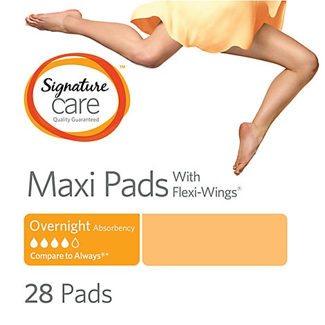 slide 1 of 1, Signature Care Pads Maxi With Flexi Wings Overnight Absorbency, 28 ct