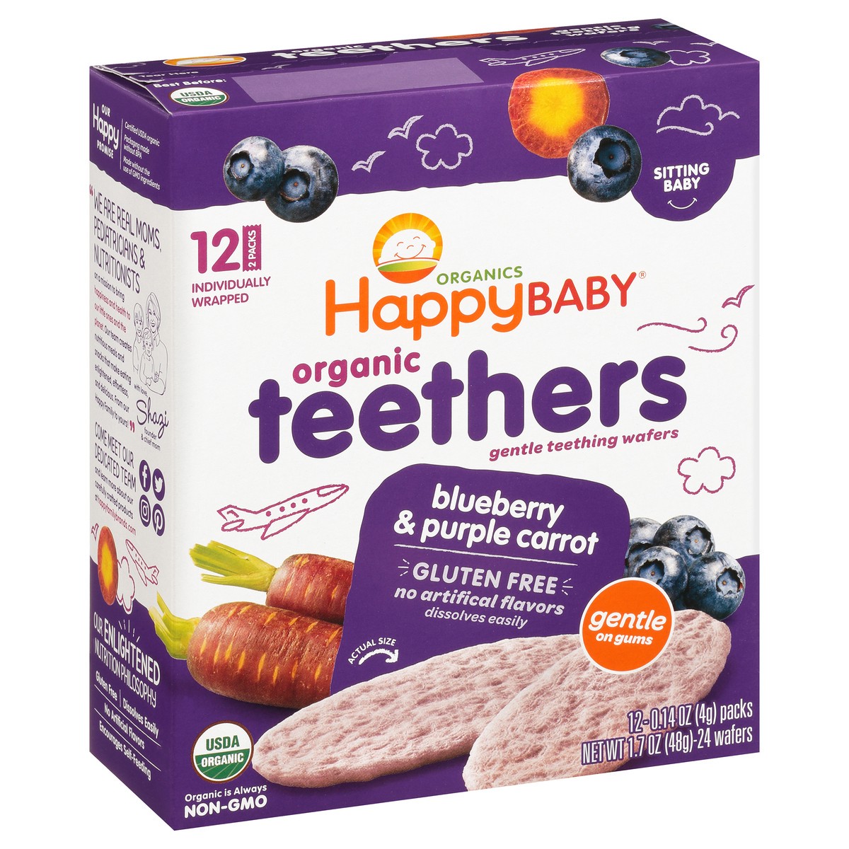 slide 3 of 9, Happy Baby Organic Teethers, Baby Food Snack, Blueberry & Carrot – 12ct/0.14oz Each, 12 ct