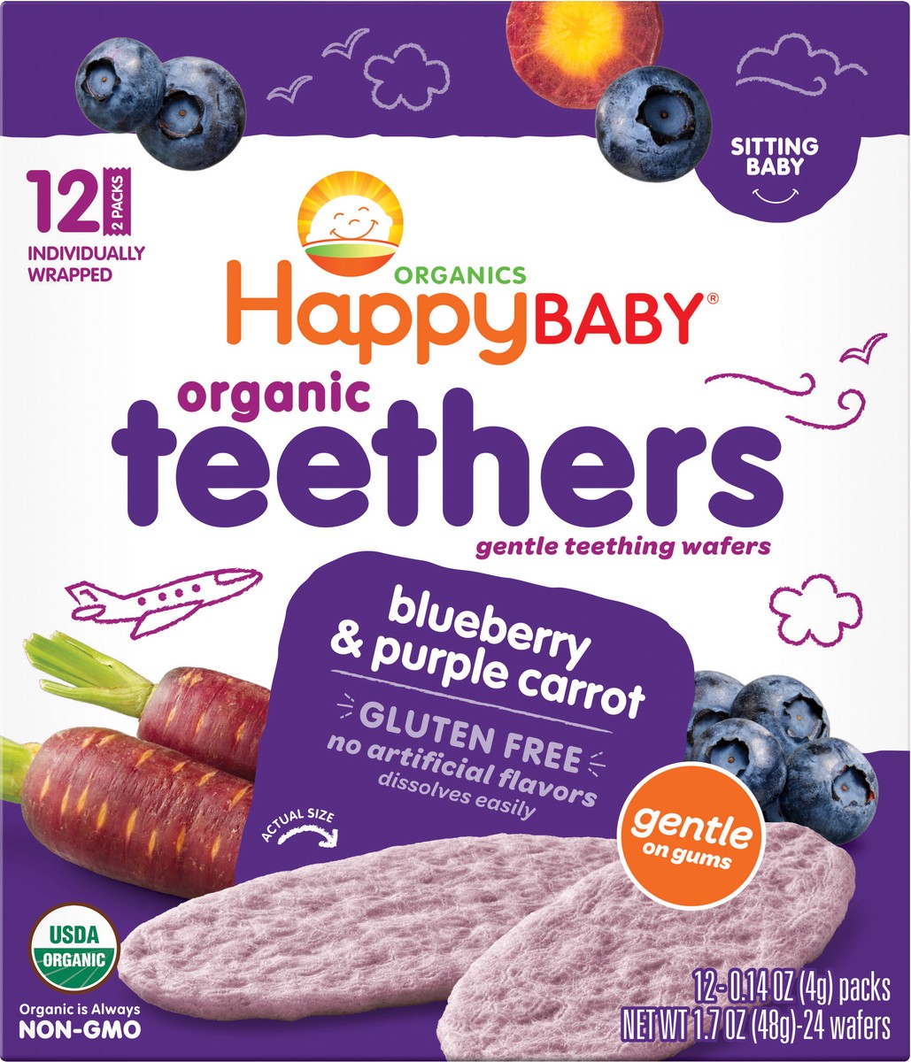 slide 9 of 9, Happy Baby Organic Teethers, Baby Food Snack, Blueberry & Carrot – 12ct/0.14oz Each, 12 ct