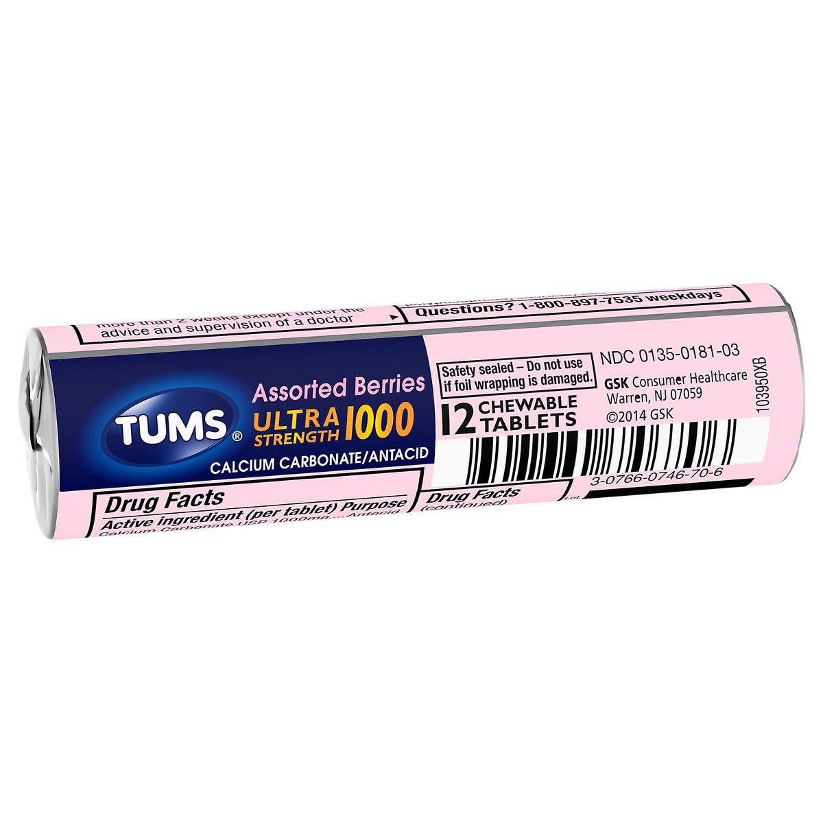 slide 5 of 9, TUMS Ultrastrength Berry Tablet Roll, 12 ct