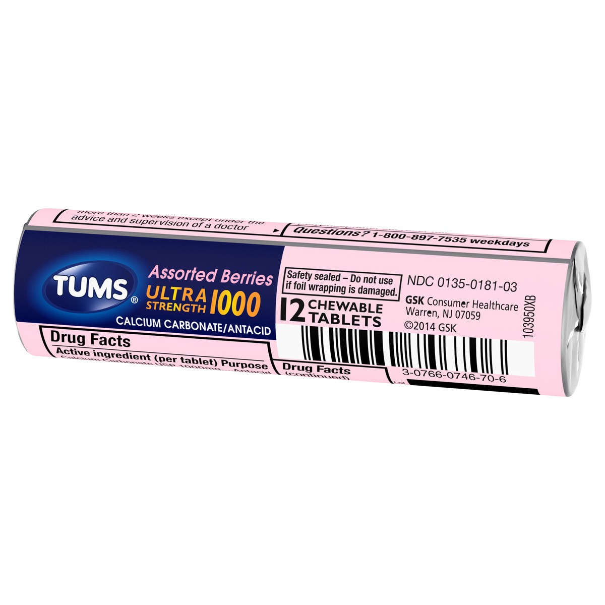 slide 3 of 9, TUMS Ultrastrength Berry Tablet Roll, 12 ct