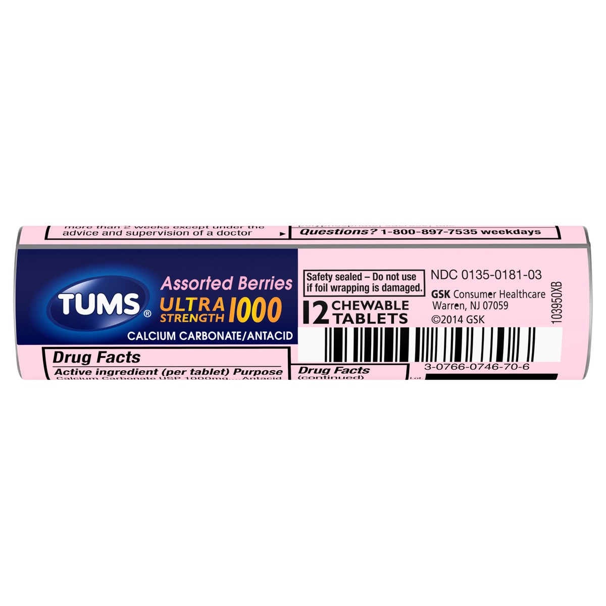 slide 2 of 9, TUMS Ultrastrength Berry Tablet Roll, 12 ct