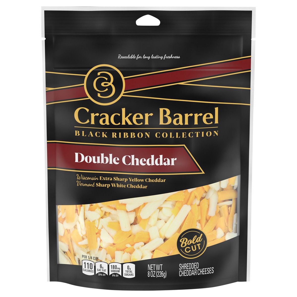 slide 1 of 11, Cracker Barrel Black Ribbon Double Cheddar Shredded Cheese, 8 oz. Bag, 8 oz