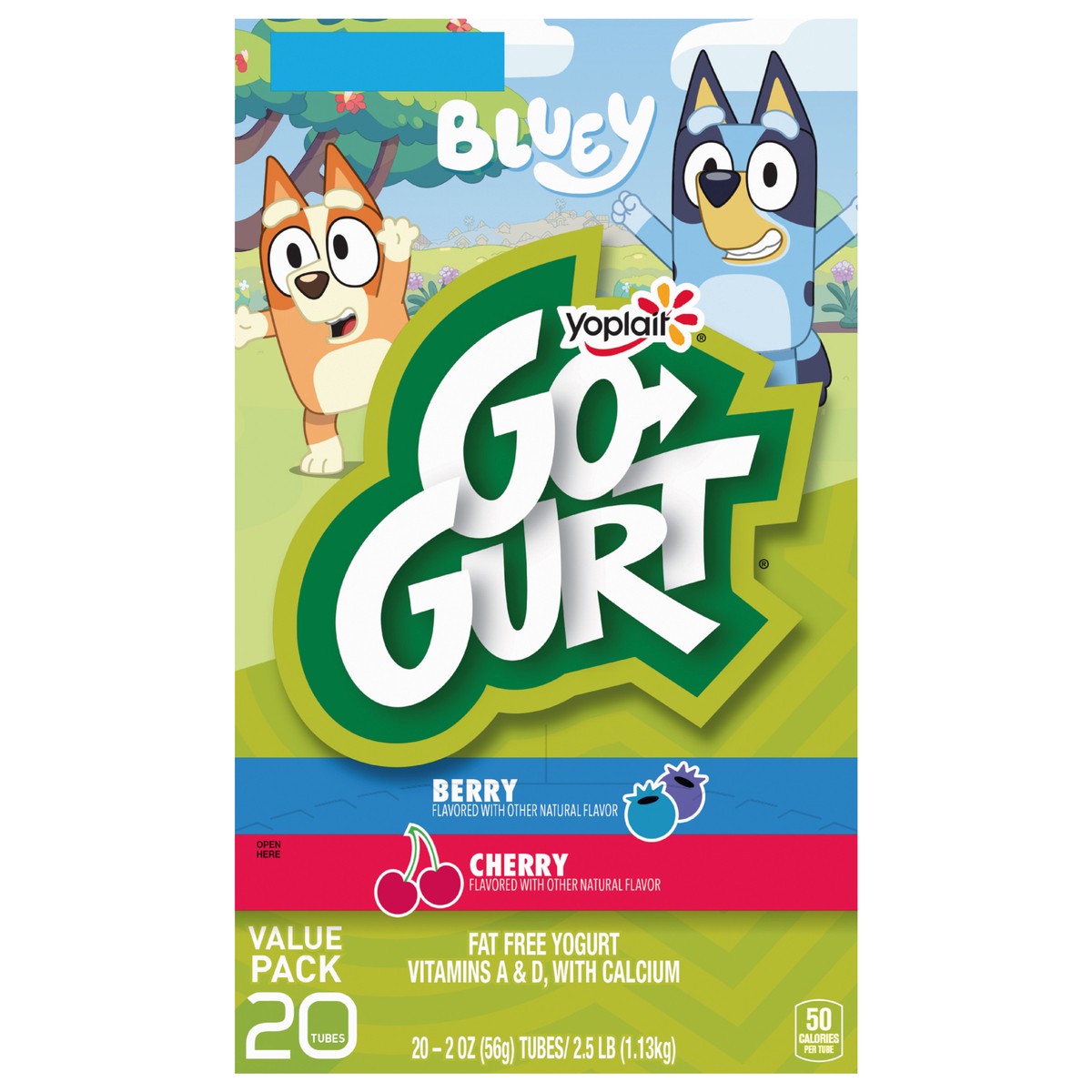 slide 1 of 9, Go-Gurt Yoplait Go-GURT Bluey Kids Fat Free Yogurt Variety Pack, Berry and Cherry, Gluten Free Snacks, Value Pack, 2.5 lbs (20 Tubes), 20 ct