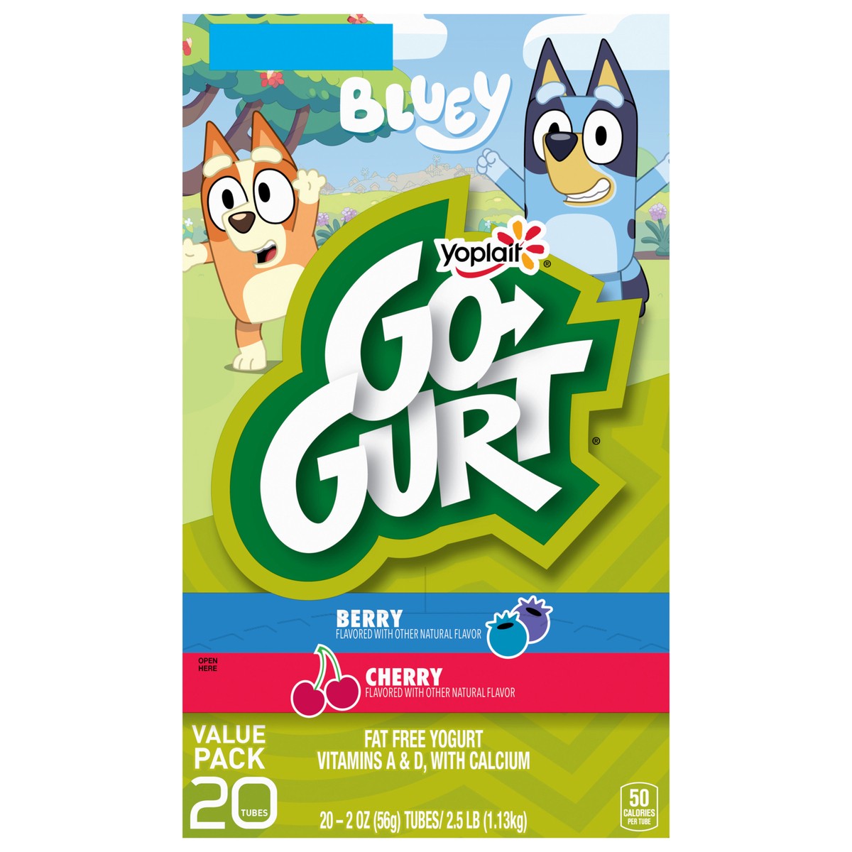 slide 1 of 9, Go-Gurt Yoplait Go-GURT Bluey Kids Fat Free Yogurt Variety Pack, Berry and Cherry, Gluten Free Snacks, Value Pack, 2.5 lbs (20 Tubes), 20 ct