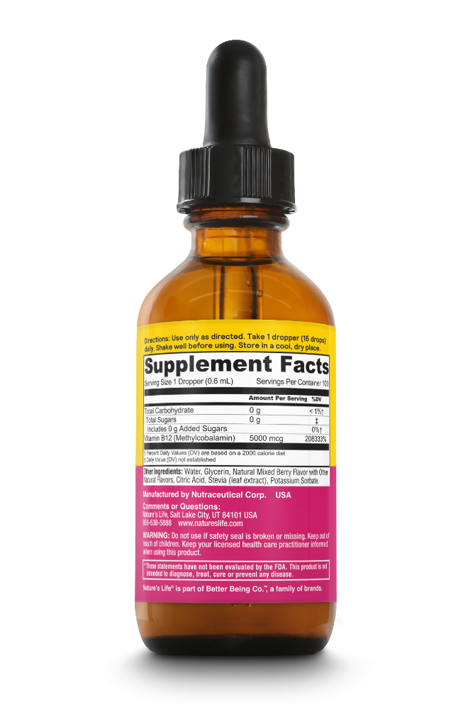 slide 3 of 3, Nature's Life B-12 Methlycobablamin Wld Bry, 2 fl oz