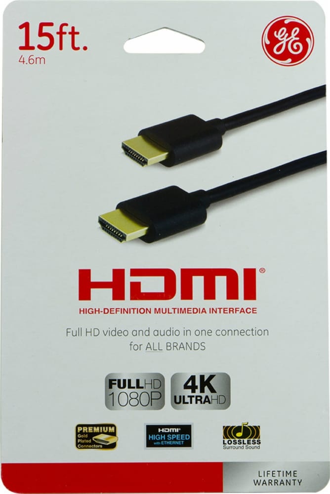 slide 1 of 1, GE HDMI Cable, High Speed With Ethernet, Gold Connectors - Black, 15 ft