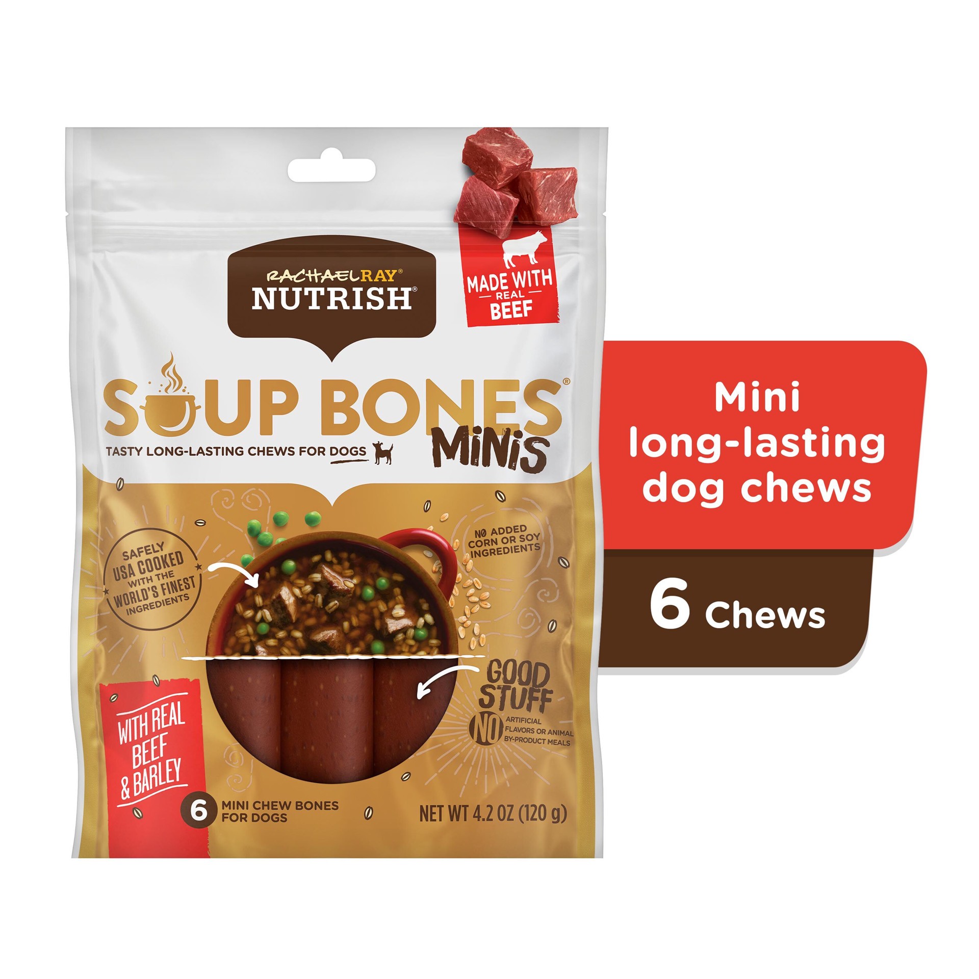 slide 3 of 9, Rachael Ray Nutrish Soup Bones Minis Dog Chews With Real Beef & Barley, 6 Dog Chews, 6 ct