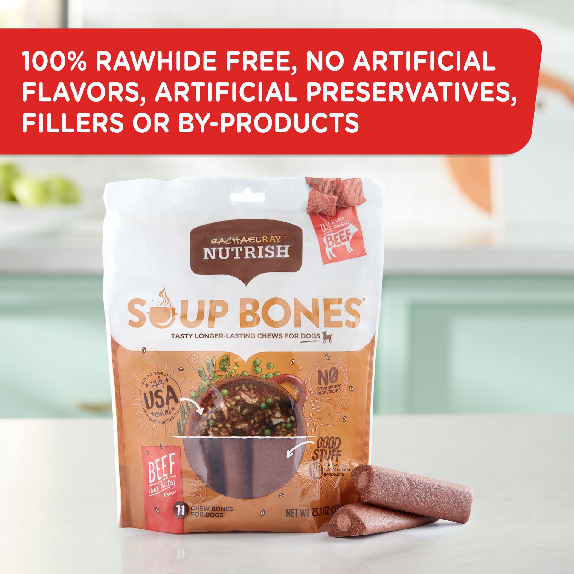 slide 4 of 9, Rachael Ray Nutrish Soup Bones Minis Dog Chews With Real Beef & Barley, 6 Dog Chews, 6 ct