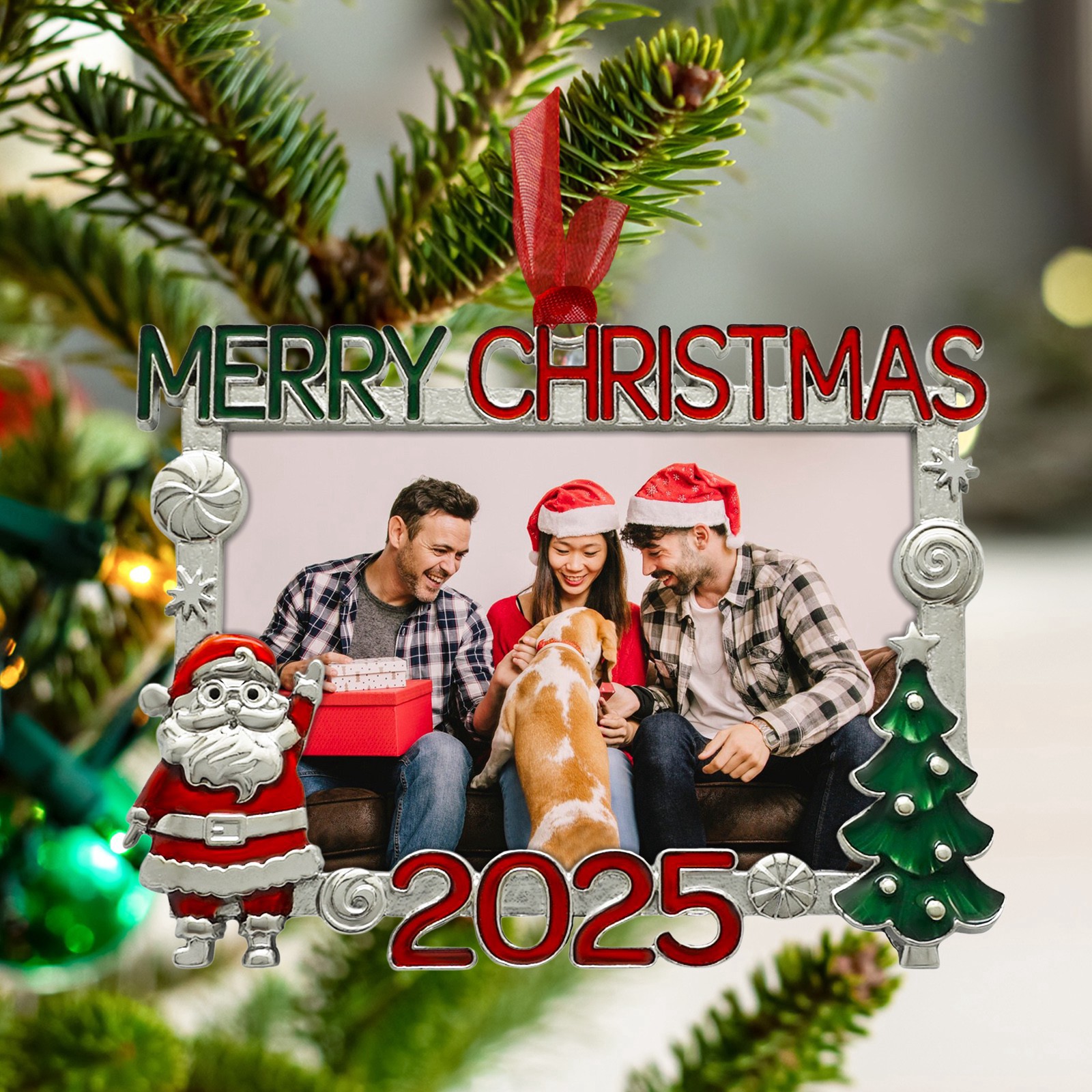 slide 2 of 3, 2" X 3" Silver, Red & Green Merry Christmas 2025 Metal Ornament Frame By Studio Decor, 2 in x 3 in