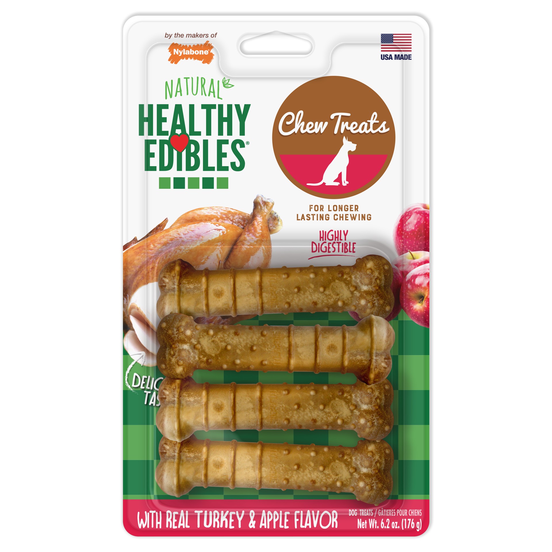 slide 1 of 10, Nylabone Healthy Edibles All-Natural Long Lasting Turkey & Apple Dog Chew Treats Small/Regular - Up to 25 Ibs.(4 Count), 4 ct; regular