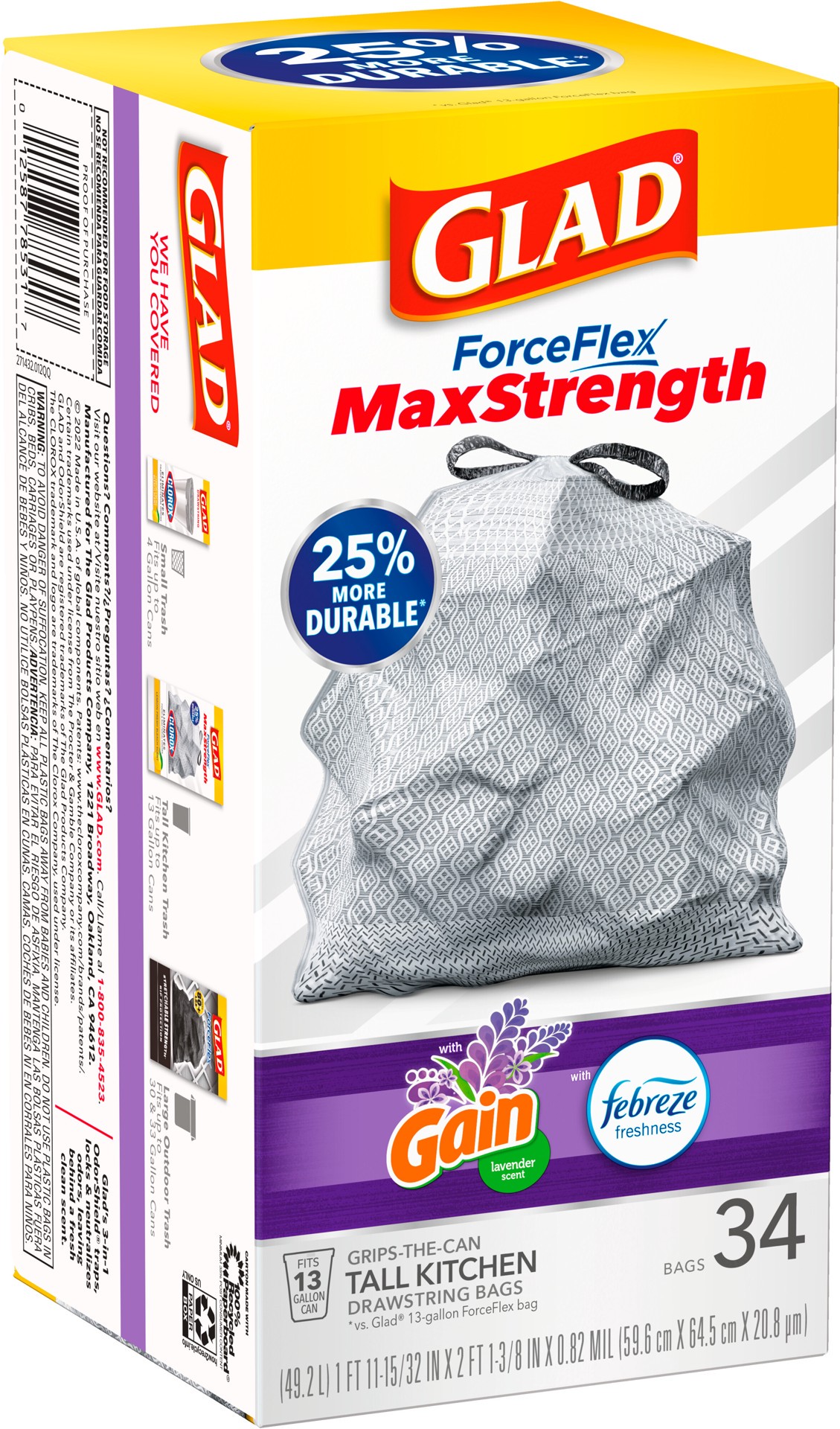 slide 5 of 5, Glad Force Flex Odor Shield Febreze Lavender 13gal Tall Kitchen 13 Gal Drawstring Bags, 34 ct