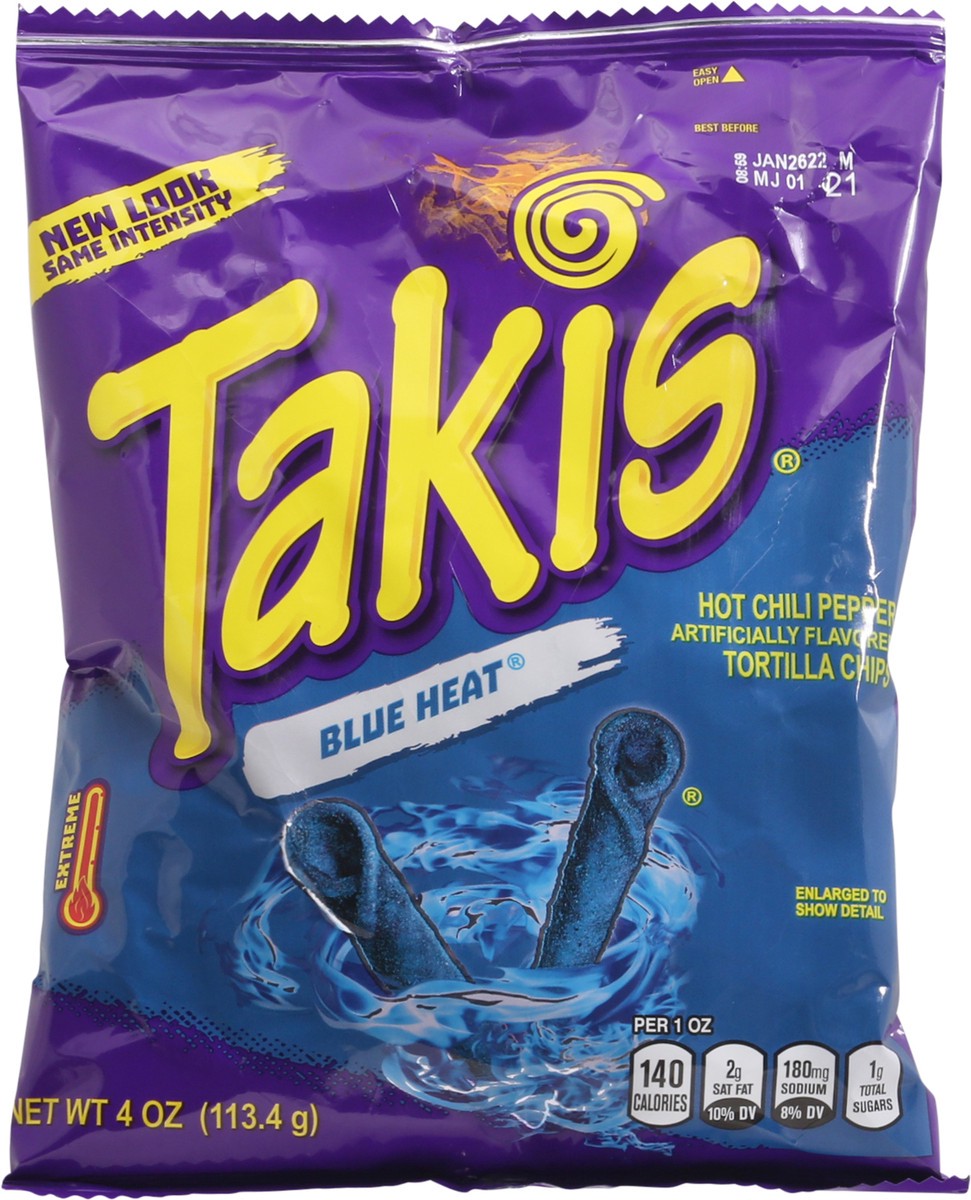 slide 6 of 9, Takis Blue Heat Hot Chili Pepper Tortilla Chips 4 oz, 4 oz