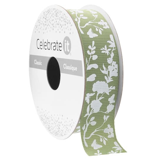 slide 1 of 2, 7/8" X 5yd. Green Floral Grosgrain Ribbon By Celebrate It Classic, 7/8 in x 5 yd