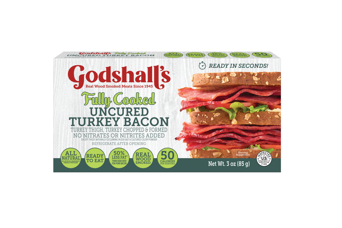 slide 1 of 1, Godshall's Fully Cooked Turkey Bacon Slices, 3 oz