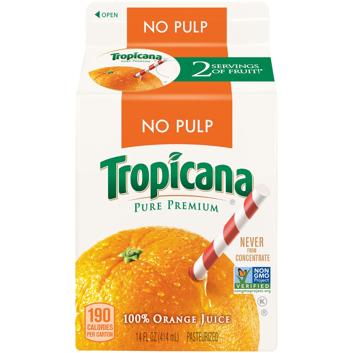 slide 3 of 3, Tropicana 100% Juice, Orange No Pulp, 14 fl oz