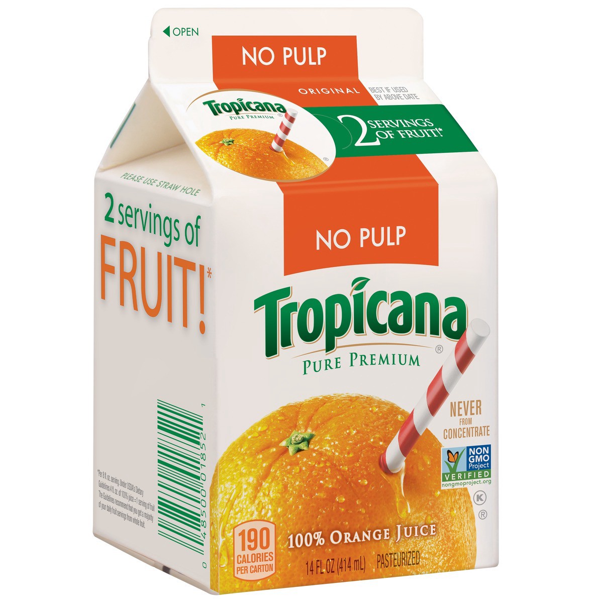 slide 2 of 3, Tropicana 100% Juice, Orange No Pulp, 14 fl oz