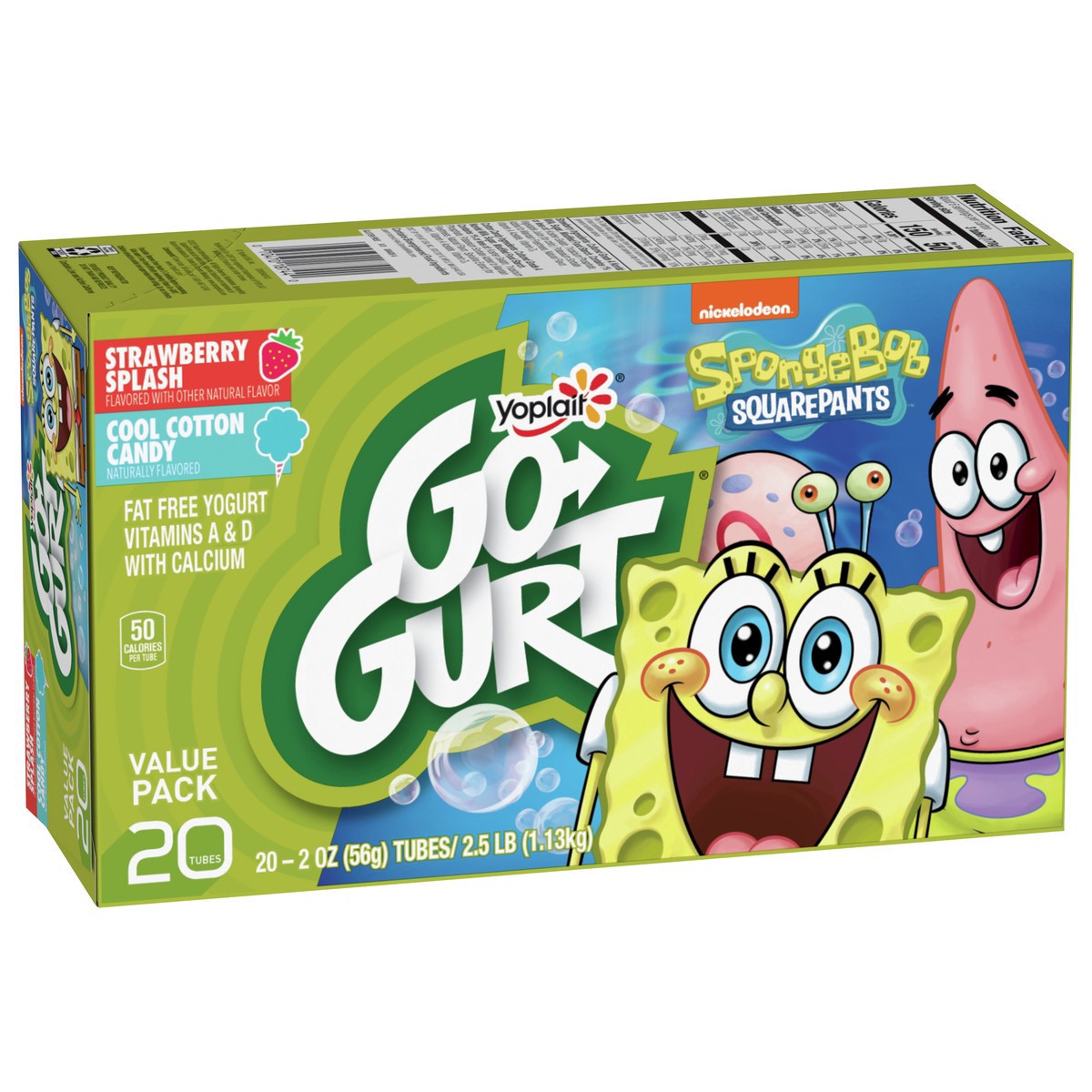 slide 3 of 9, Go-GURT SpongeBob SquarePants Strawberry Splash and Cool Cotton Candy Kids Fat Free Yogurt Variety Pack, Gluten Free, 2 oz Yogurt Tubes (20 Ct), 20 ct