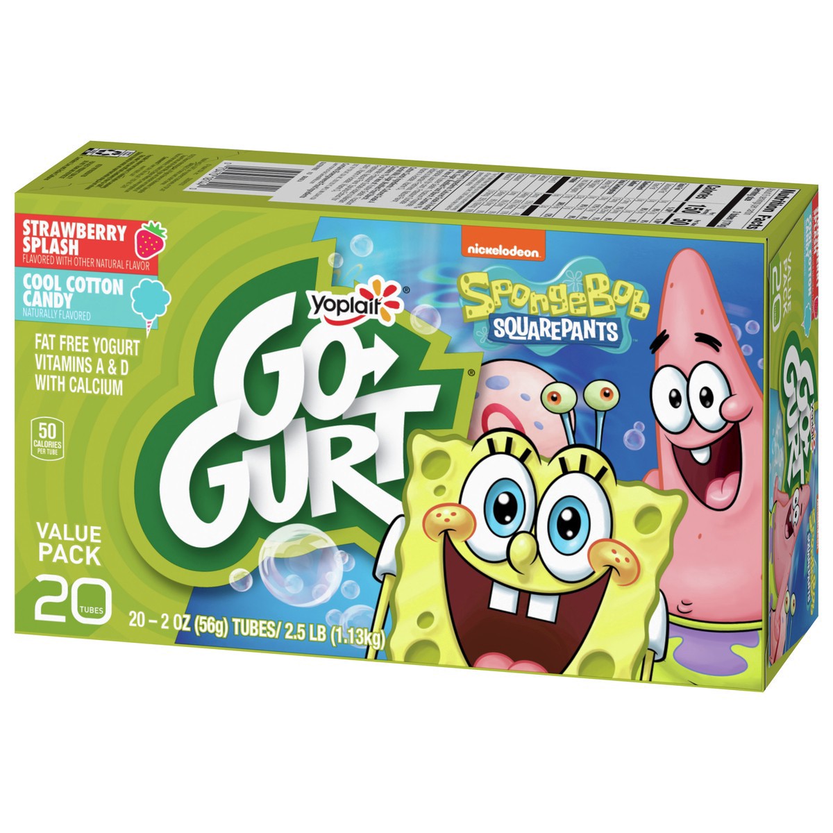 slide 6 of 9, Go-GURT SpongeBob SquarePants Strawberry Splash and Cool Cotton Candy Kids Fat Free Yogurt Variety Pack, Gluten Free, 2 oz Yogurt Tubes (20 Ct), 20 ct